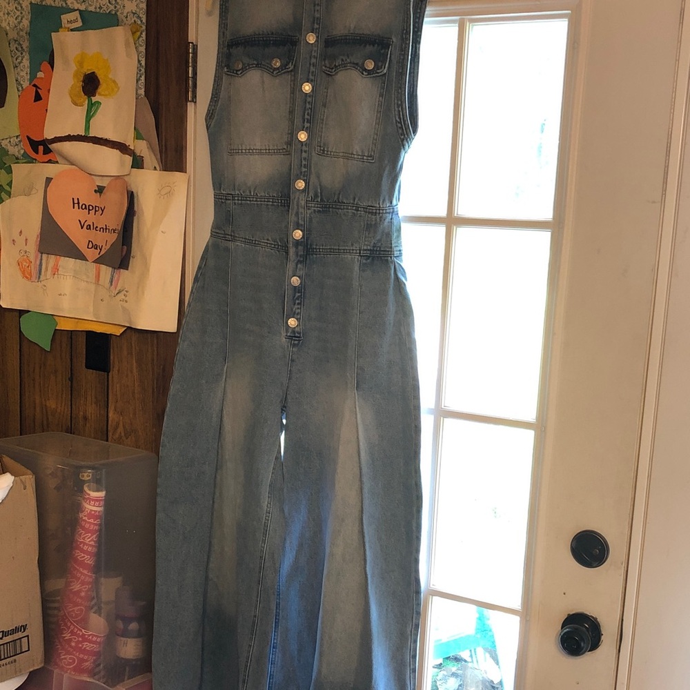 Bucket List Light Wash Denim Jumpsuit Dress